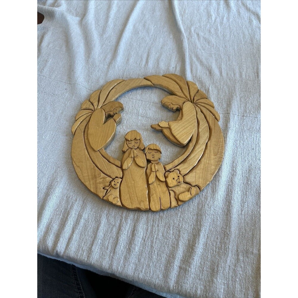 Christmas Angel Children Praying scroll carved wood art wall hanging. 12 inches